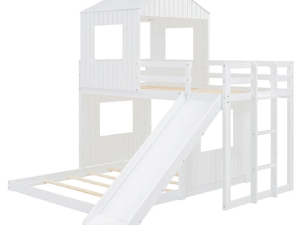 Loft Bunk Bed With Playhouse, Farmhouse, Ladder, Slide And Guardrails