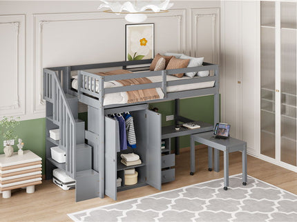 Loft Bed With Stairs, Bookshelf, Drawers, Desk & Wardrobe, Space Saving Multifunctional Furniture