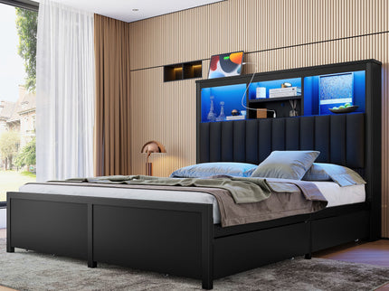 Bed Frame With High Storage Headboard, LED Light And Charging Station, 4 Storage Drawers