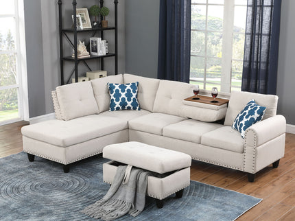 Alger - Wide Left Hand Facing Sofa & Chaise With Ottoman - Beige