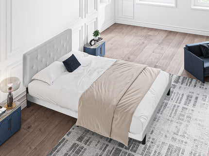 Modern Upholstered Platform Bed Frame With Button Tufted Fabric Headboard