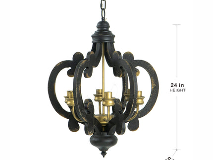 Farmhouse Chandelier, 6 Light Wood Chandelier Pendant Light Fixture With Adjustable Chain For Dining Room Living Room Entryway, Bulb Not Included