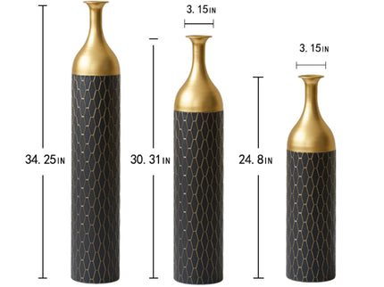 Elegant Floor Vase Set Metal Decorative Vases 3 Piece Set For Floral Display, Wedding & Gift Decor - Gold / Black