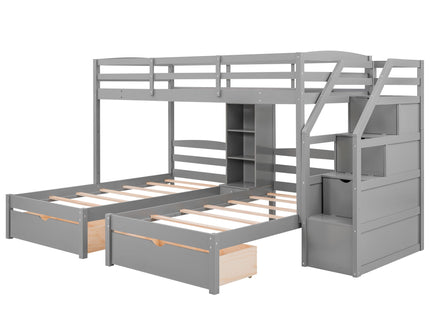 Twin Over Twin & Twin Bunk Bed With Drawers, Staircase Storage, Built In Shelves - Gray
