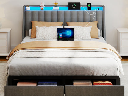 Upholstered Platform Bed Frame With RGB LED Lights, Charging Station & 2 Underbed Drawers
