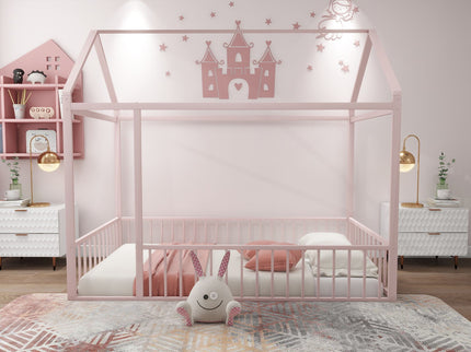 Metal Bed House Bed Frame With Fence