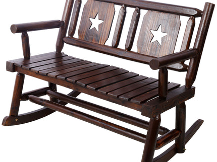 Rustic Outdoor Wood Rocking Bench Double Rocking Chair For 2 Persons With Curved Seat, Porch Rocker - Brown