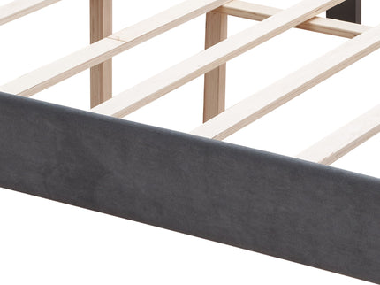 Queen Platform Tufted Upholstered Bed With Wings Design, Strong Wood Slat Support - Gray