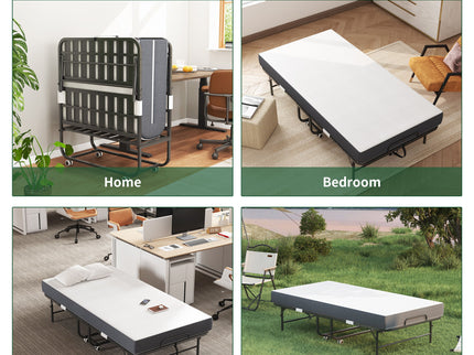 Twin Extra Long Folding Bed For Tall People, Heavy-Duty Rollaway Guest With Memory Foam Mattress - Black