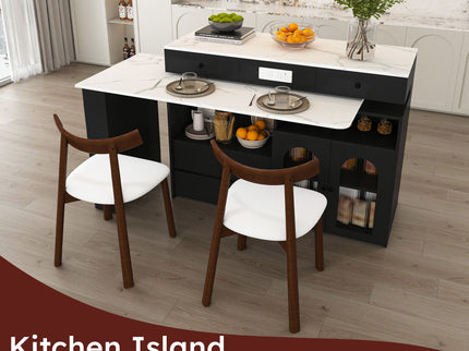 Retro Kitchen Island Set With Chairs, Extendable & Rotating Table, 4 Drawers & Door Cabinets