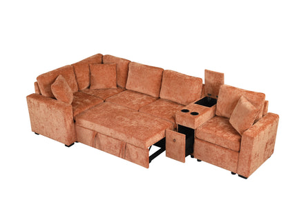 Modular L-Shaped Sectional Sofa Bed With Pull-Out Sleeper, Cup Holders, And Storage