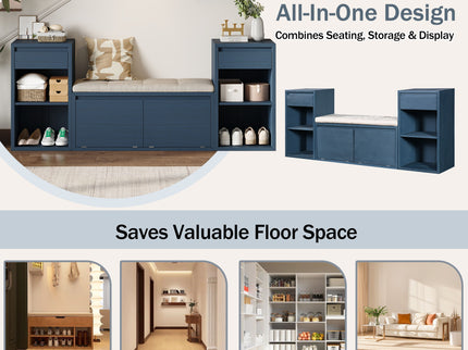 Entryway Storage Bench With Cushion, Drawers & Open Shelves