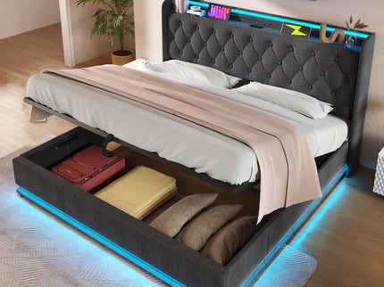 Upholstered Bed, 360 Surround LED Function, Remote Control, Hydraulic Storage Bed With USB, Type-C Charging (Without Mattress)