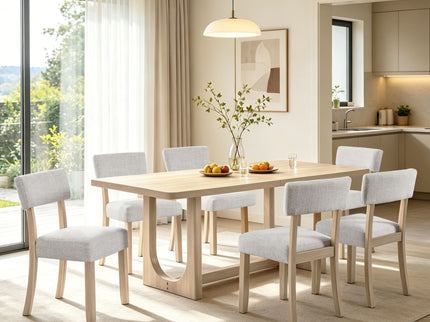 7 Piece Dining Table Set For 6, Rectangular Table & 6 Upholstered Chairs, Sturdy U - Shaped Base For Dining Room - Light Oak