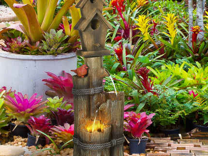 Outsunny - Outdoor Fountain With Birdhouse, Cascading Garden Waterfall Bird Bath With 3 Tier Rustic Tree Trunk / Log Design, LED Lights For Porch, Deck, Yard Decor - Brown