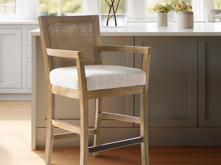 Cane Back Counter Stool With Upholstered Seat - Cream / Reclaimed Natural