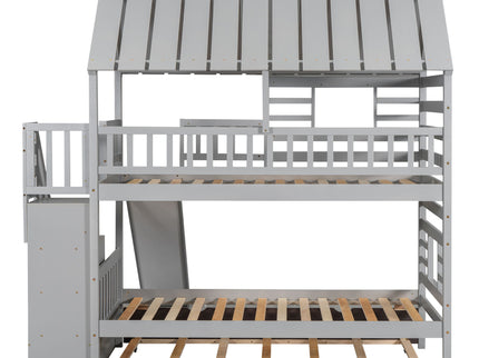 House Bunk Bed With Trundle, Storage Staircase, Roof And Window Design