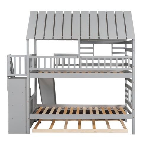 House Bunk Bed With Trundle, Storage Staircase, Roof And Window Design