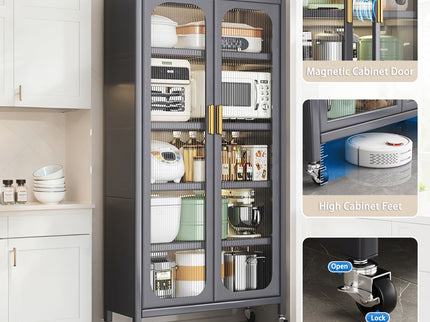 6 Tier Storage Cabinet With Transparent Door, Adjustable Shelves & Wheels