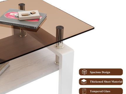 Modern Rectangular Coffee Table With Tempered Transparent Glass Top And Storage Shelf