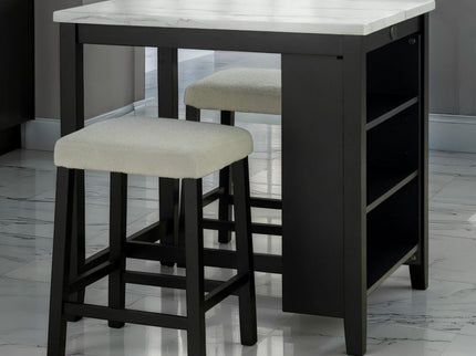 Dining Table Set With Storage Shelves, 3 Piece With 2 Stools - Black / Ivory / White