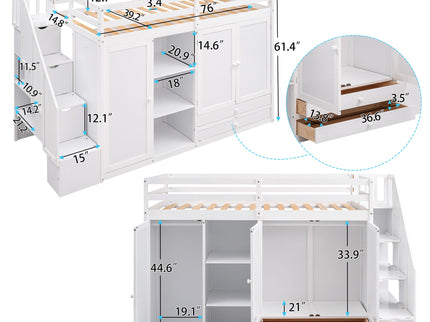 Loft Bed With 3 Shelves, 2 Wardrobes, 2 Drawers, Ladder Storage
