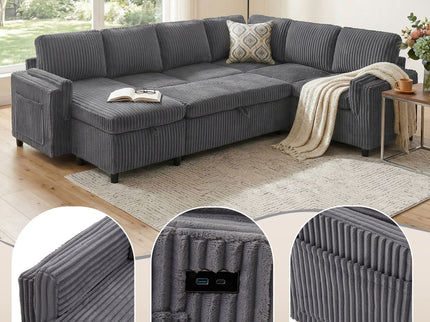 Convertible U-Shaped Sectional Sofa Bed With USB Ports And Storage