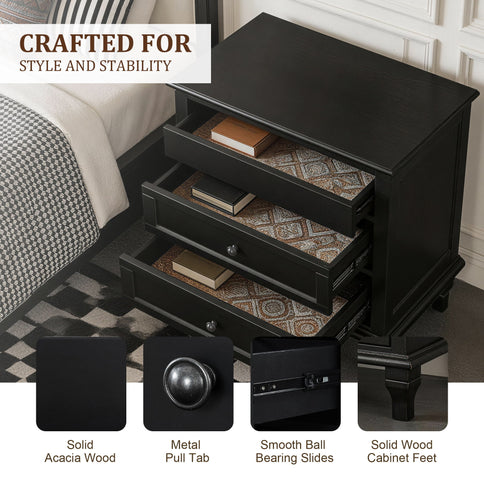 Nightstand With Charging Station, 3 Drawer Storage Table