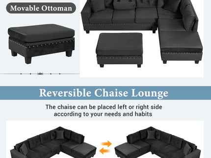 Modern Sectional Sofa With Storage Ottoman, L - Shape Couch With 2 Pillows And Cup Holders
