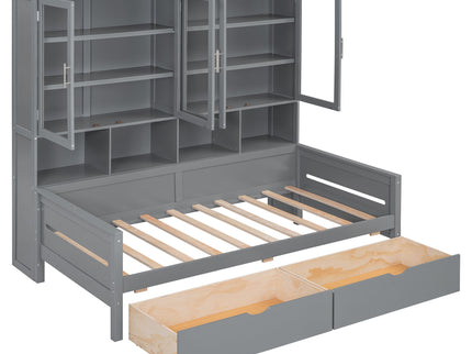Daybed With Glass Door Storage Cabinets, Built In LED Lighting And Shelves