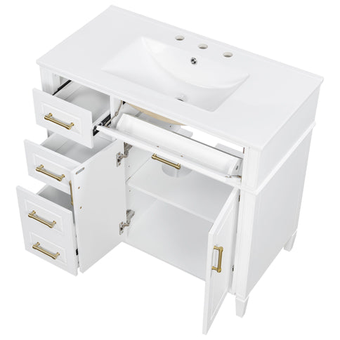 Bathroom Vanity With Sink, 4 Drawers (1 Flip Drawer), 2 Doors & Adjustable Shelf - White