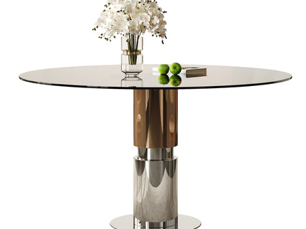 Round Dining Table / Tempered Glass Top - Brown