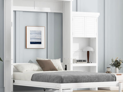 Queen Size Murphy Bed With Louvered Design And Multiple Storage Shelves - White