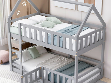 Twin Over Twin House Bunk Bed With Fence And Door
