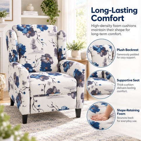Wingback Recliner Chair With Padded Arms - Blue