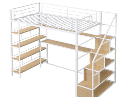 Twin Size Loft Bed With Built In Desk, Staircase Storage & 4 Tier Shelves - White