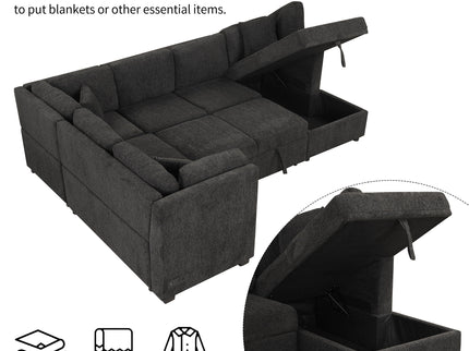 U-Shaped Sectional Sofa Pull Out Sofa Bed With Two USB Ports, Two Power Sockets, Three Back Pillows And A Storage Chaise For Living Room