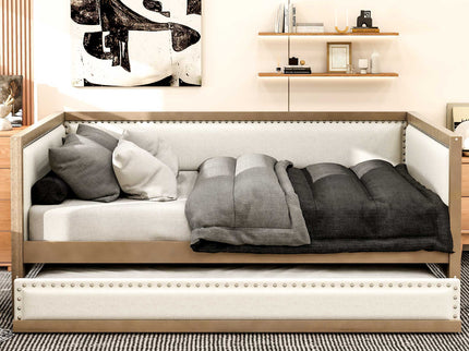 Full Size Daybed With Trundle And Nailhead Decoration - Wood
