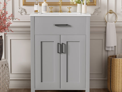 Bathroom Vanity With Ceramic Sink, Soft Close Doors, Flip Drawer, Double Layer Door Shelves