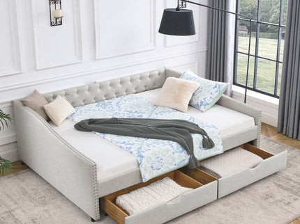 Upholstered Tufted Daybed With Drawers, Waved Arms