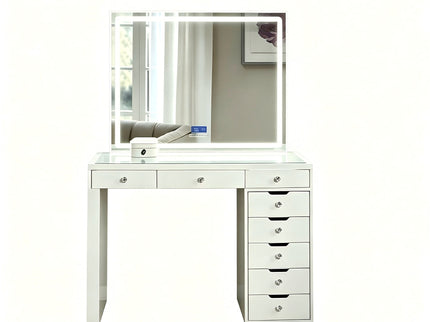Makeup Vanity Desk With LED Lighted Mirror, 9 Drawers For Bedroom - Gloss White