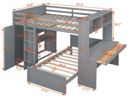 Loft Bed With A Twin Size Standalone Bed, Shelves, Desk, And Wardrobe