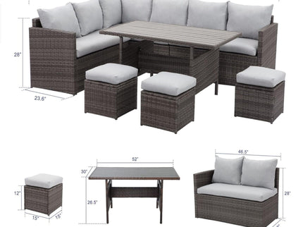 7 Piece All Weather Patio Dining Set With Cushions, Sectional Sofa, Ottomans & Table For Backyard - Gray / Brown