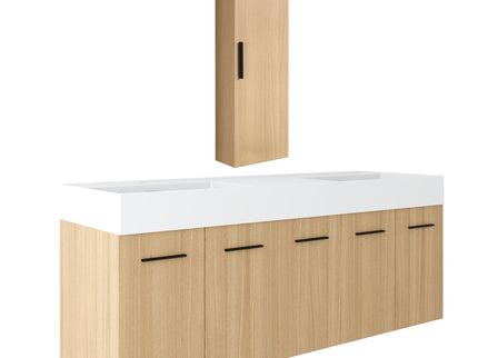 Floating Double Sink Bathroom Vanity Set With Tall Linen Cabinet, Extra Large Storage, Integrated Sink, Soft Close Doors - Glossy White / Light Oak
