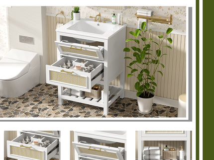 Modern Bathroom Vanity With Integrated Sink, Cabinet With 1 Deep Drawer And 1 Tip-Out Drawer
