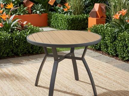 Outdoor Round Patio Table With Slatted Top - Gray