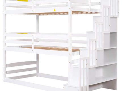 Twin Size Triple Bunk Bed With Storage Staircase, Separate Design - White