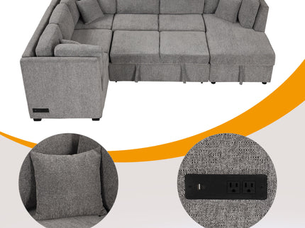U-Shaped Sectional Sofa Pull Out Sofa Bed With Two USB Ports, Two Power Sockets, Three Back Pillows And A Storage Chaise For Living Room