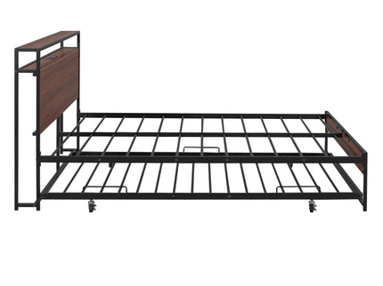 Platform Bed Frame With Trundle, USB Ports And Slat Support, No Box Spring Needed