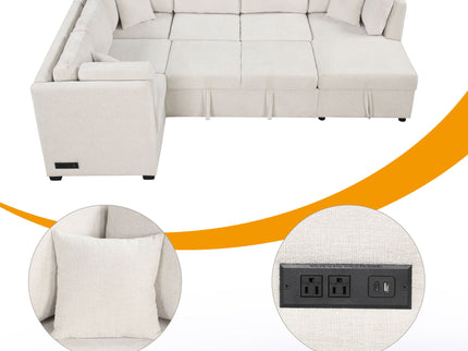 U-Shaped Sectional Sofa Pull Out Sofa Bed With Two USB Ports, Two Power Sockets, Three Back Pillows And A Storage Chaise For Living Room